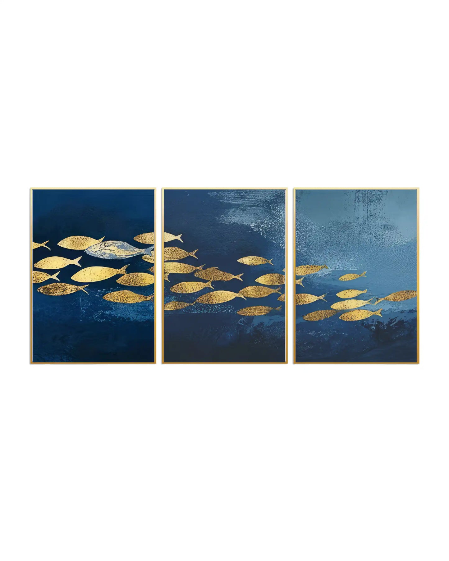 An abstract 3-panel triptych canvas wall art print set depicting a school of gold fish swimming through a textured navy blue and slate ocean scene for modern luxury home decor.