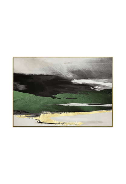 An 80x120 cm green black and gold abstract canvas print wall art panel depicting a minimalist misty dark sky, rolling green landscape fields, and a flat yellow gold horizon band for modern living room decor.