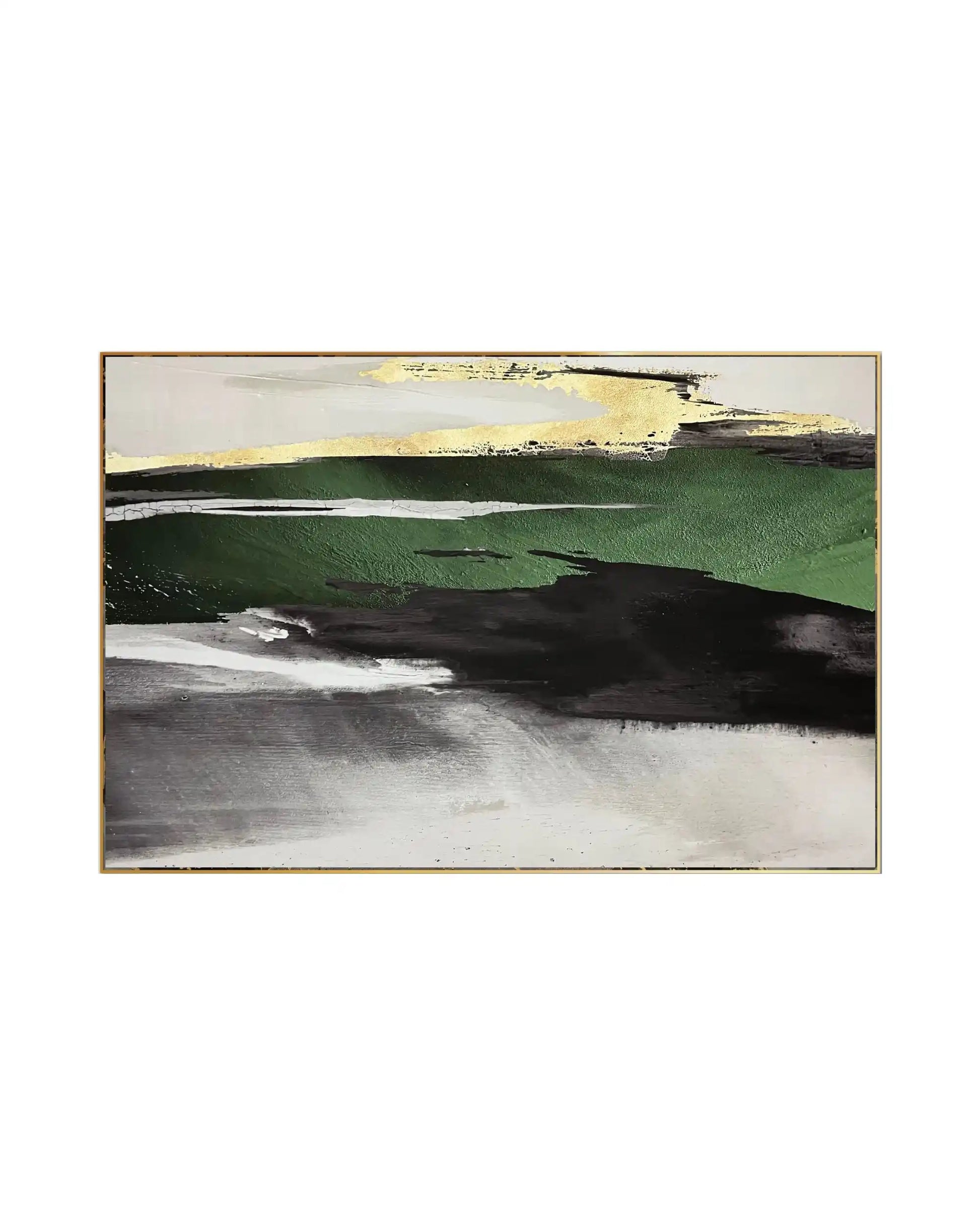 Horizontal canvas print featuring a modern abstract design with bold emerald green, black, and gold-colored textured brushstrokes over a grey and cream background.