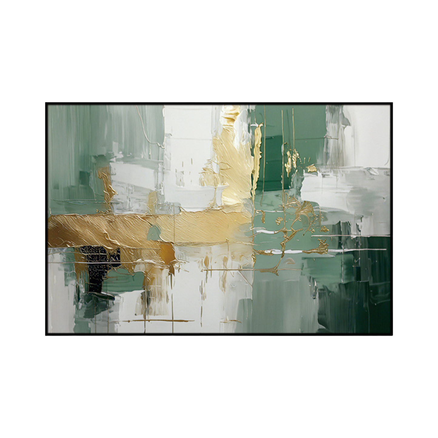 An 80x120 cm green and gold abstract canvas print wall art panel depicting minimalist sweeping brushstrokes, forest green zones, and yellow gold accents for modern living room decor.