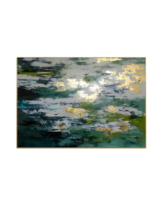 Horizontal canvas print featuring an abstract design with dappled brushstrokes of sage green, deep teal, white, and gold-colored textured patches.