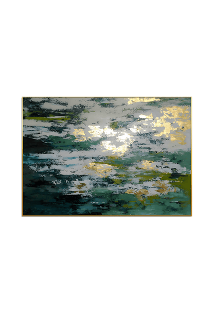 An 80x120 cm green and gold abstract canvas print wall art panel depicting minimalist horizontal green bands, charcoal patches, and flat yellow gold clusters for modern living room decor.