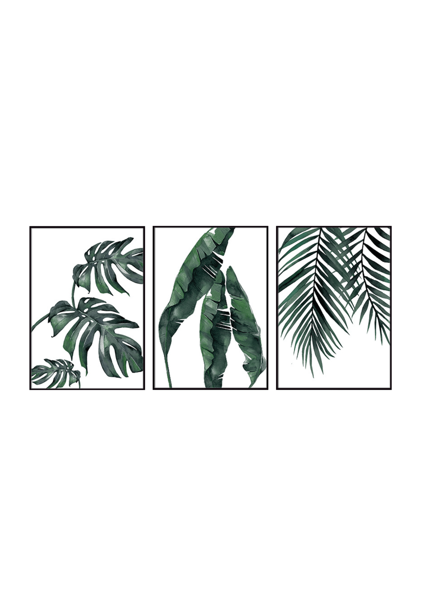 Three 50x70 cm green tropical leaves abstract canvas print wall art panels depicting minimalist monstera, banana leaf, and palm tree fronds for modern living room decor.