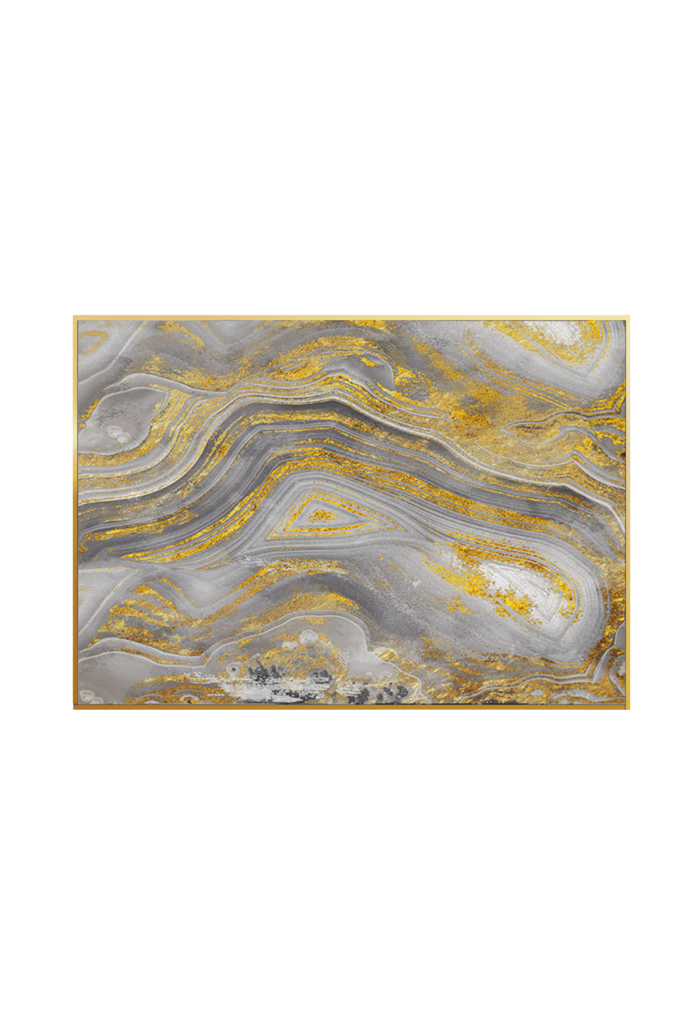 An 80x120 cm grey and gold abstract canvas print wall art panel depicting a minimalist organic agate stone marble pattern with fluid grey waves and flat yellow gold geode lines for modern living room decor.