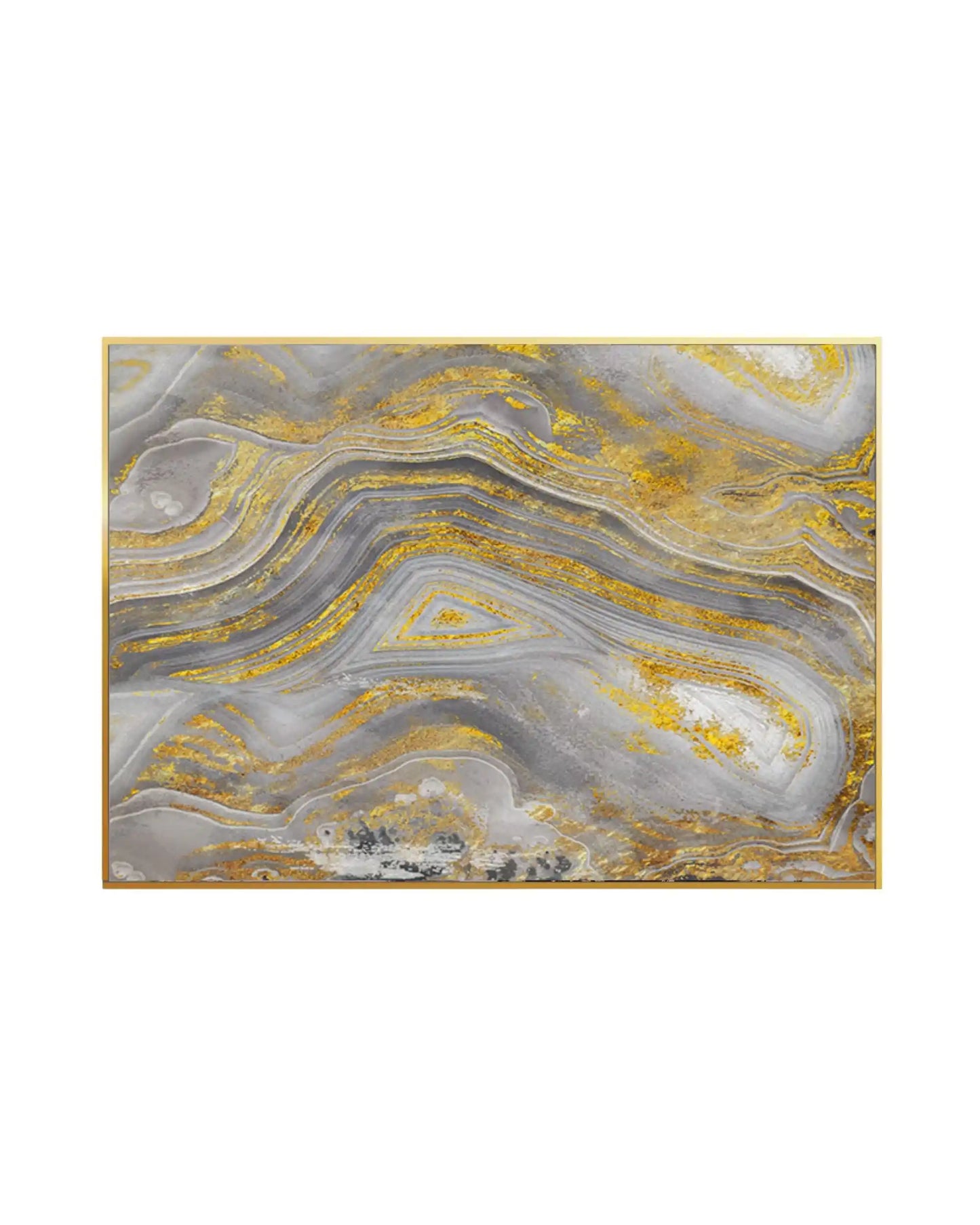 Canvas print featuring an abstract geode design with layered, swirling mineral veins in shades of slate grey, charcoal, and cream, highlighted by gold-colored geode textures.