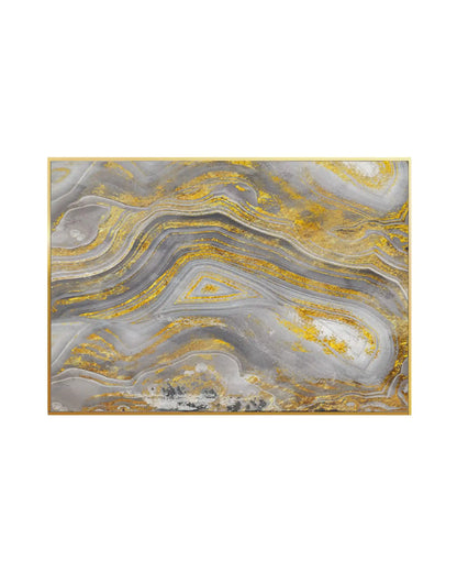 Canvas print featuring an abstract geode design with layered, swirling mineral veins in shades of slate grey, charcoal, and cream, highlighted by gold-colored geode textures.