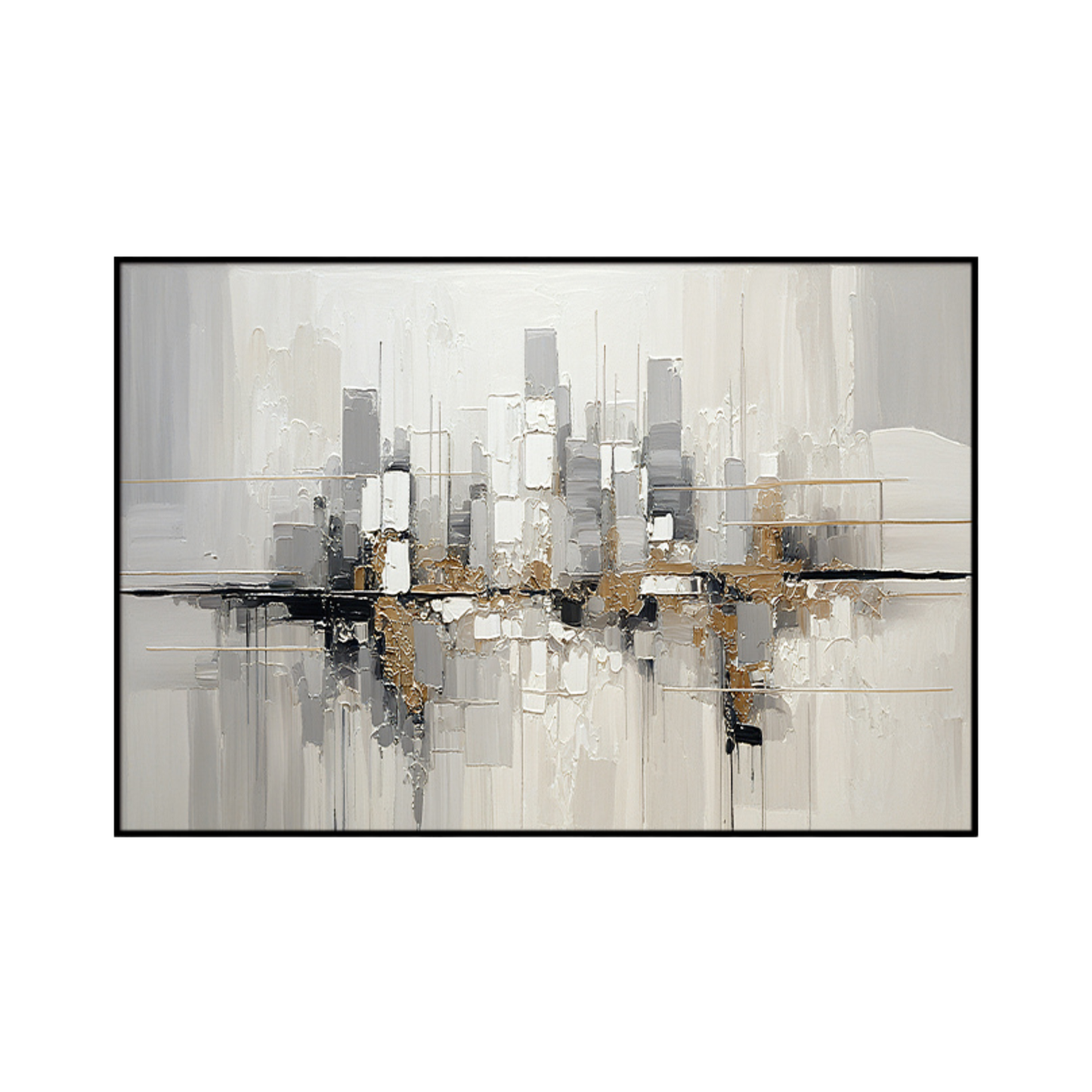 An 80x120 cm grey and gold abstract canvas print wall art panel depicting a minimalist architectural city skyline, structural block towers, and soft waterfront reflections for modern living room decor.