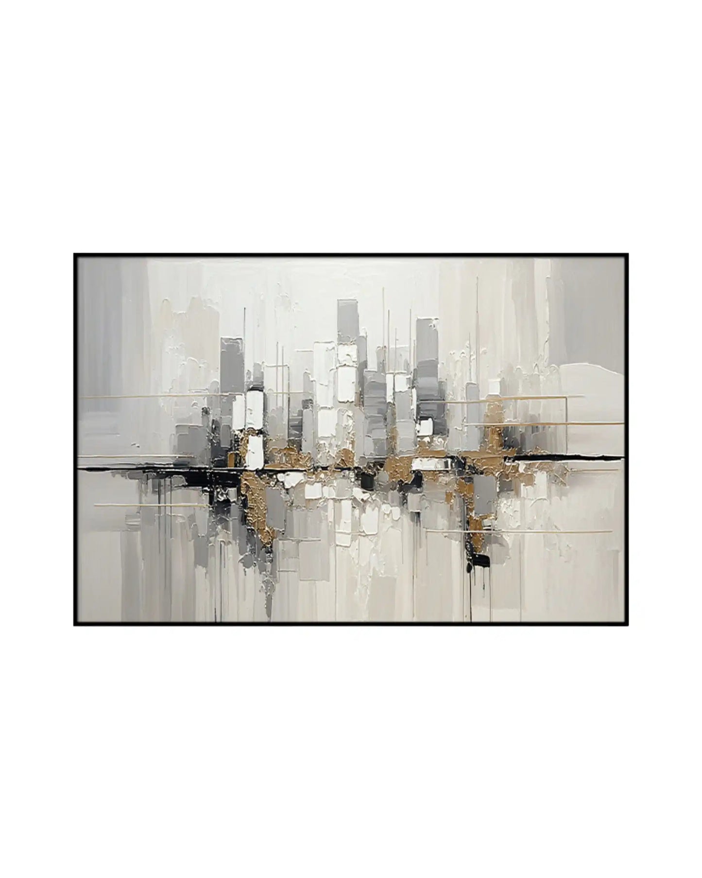Abstract cityscape painting in grey, black and gold