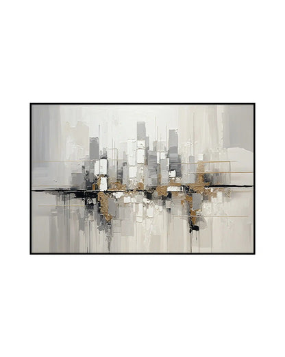 Abstract cityscape painting in grey, black and gold