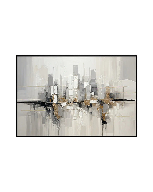 Abstract cityscape painting in grey, black and gold