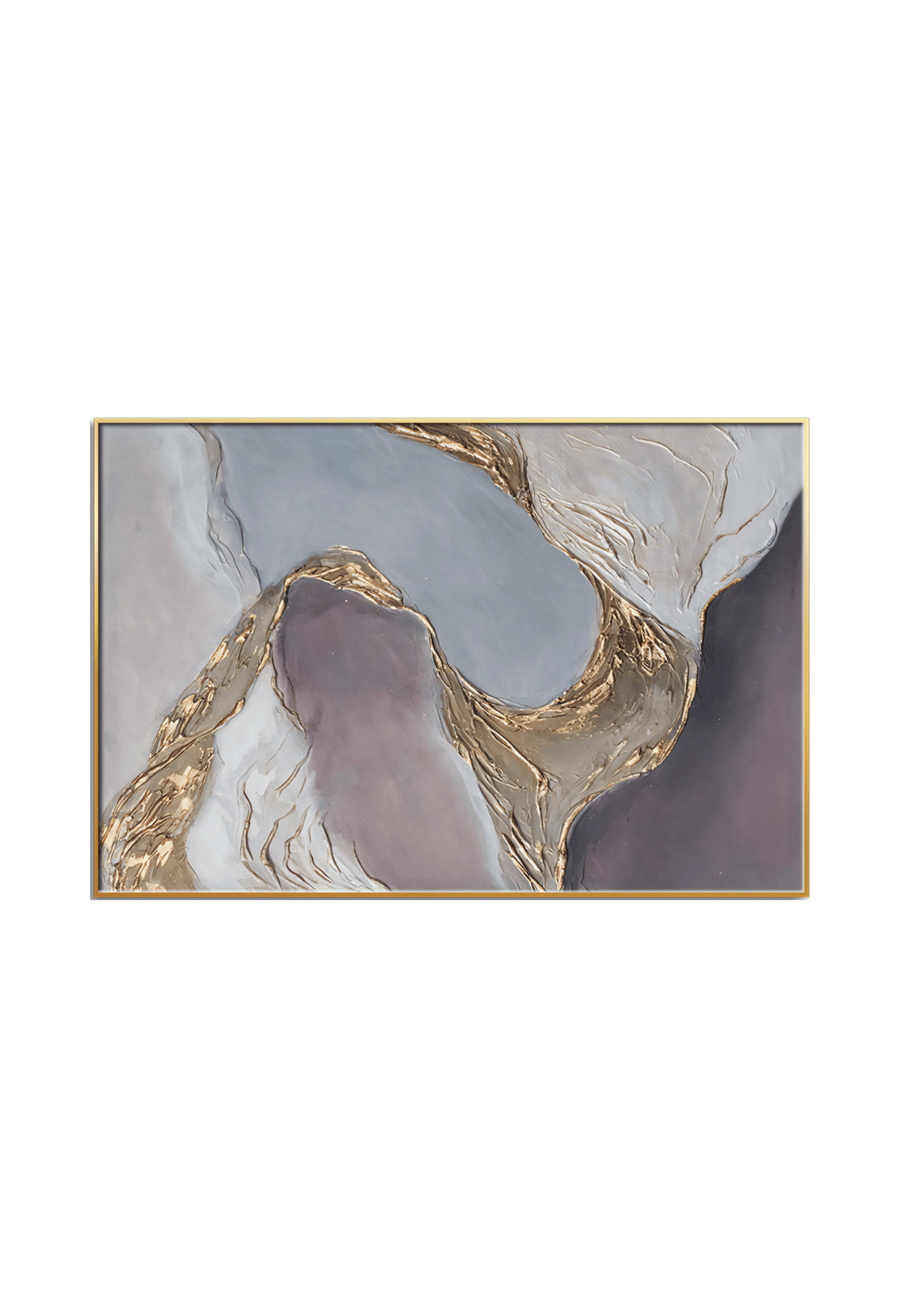 An 80x120 cm grey purple and gold abstract canvas print wall art panel depicting minimalist fluid wave paths, plum-colored curves, and flat yellow gold accent lines for modern living room decor.
