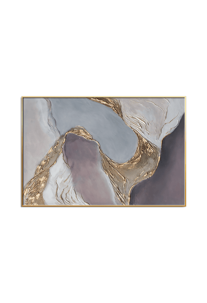An 80x120 cm grey purple and gold abstract canvas print wall art panel depicting minimalist fluid wave paths, plum-colored curves, and flat yellow gold accent lines for modern living room decor.
