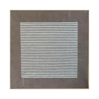 The Hushed Lines 75x75 cm original hand-painted canvas wall art panel by Skye depicting an authentic textured square layout with a wide charcoal-brown border surrounding a central square of horizontal white line ridges for luxury living room decor.
