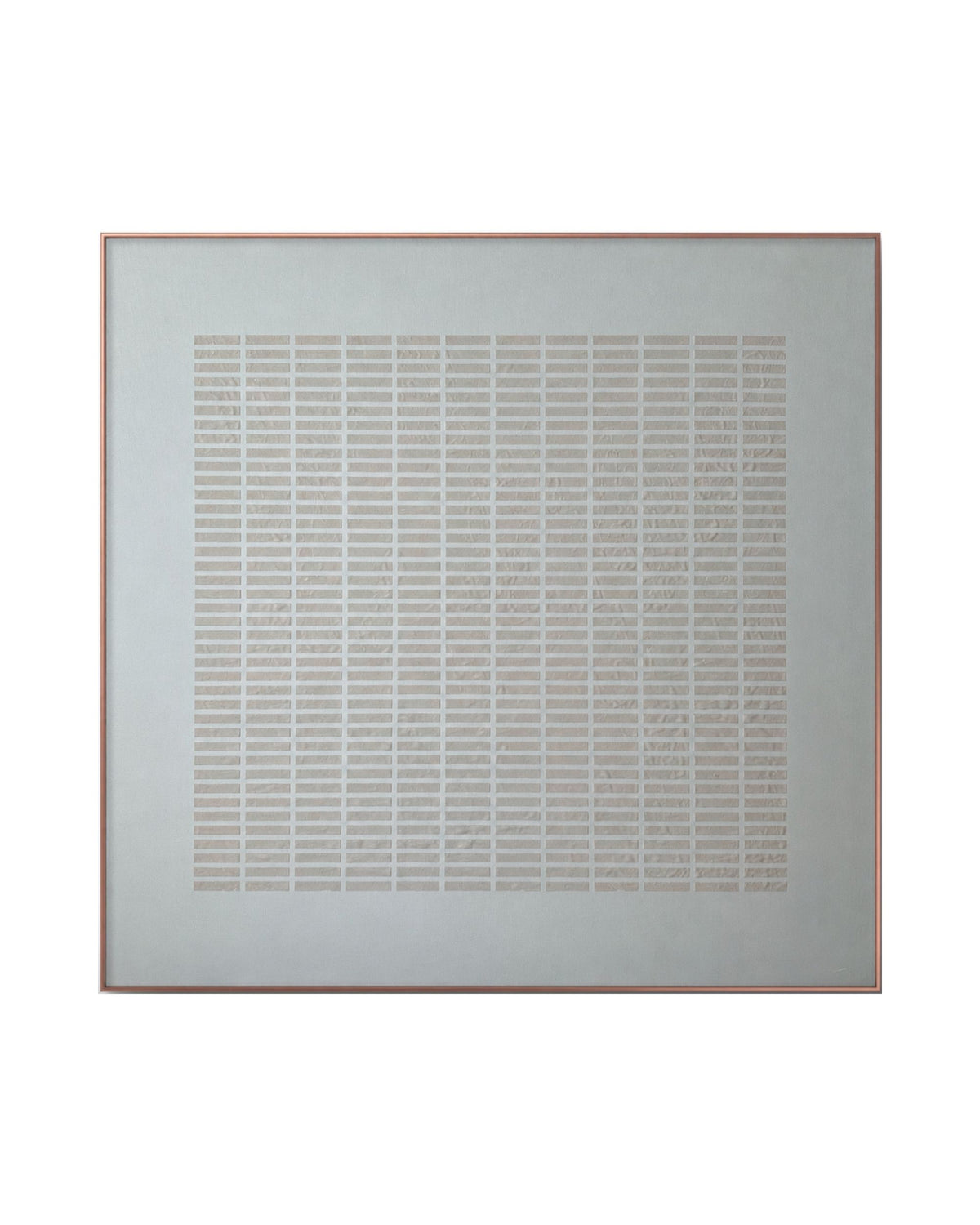 A Japandi style hand-painted square canvas wall art panel featuring a structured layout of small, repetitive horizontal plaster blocks organized in a large grid pattern on a smooth off-white background.