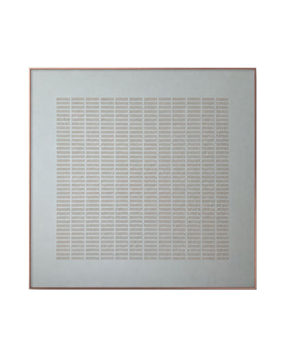 A Japandi style hand-painted square canvas wall art panel featuring a structured layout of small, repetitive horizontal plaster blocks organized in a large grid pattern on a smooth off-white background.