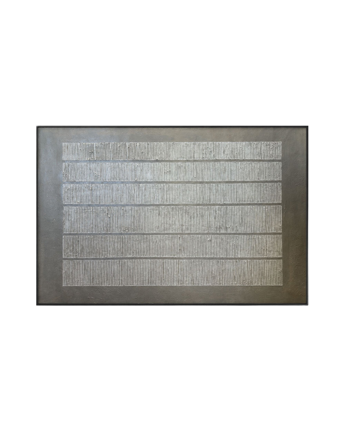 A Japandi style hand-painted rectangular canvas wall art panel featuring six stacked horizontal rectangular blocks with a fine vertically ribbed fluted plaster texture on a dark textured taupe background.