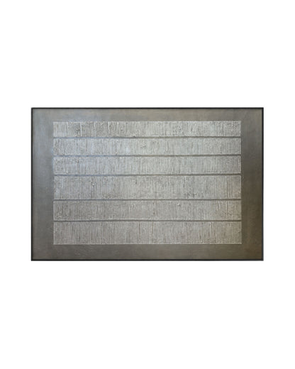 A Japandi style hand-painted rectangular canvas wall art panel featuring six stacked horizontal rectangular blocks with a fine vertically ribbed fluted plaster texture on a dark textured taupe background.