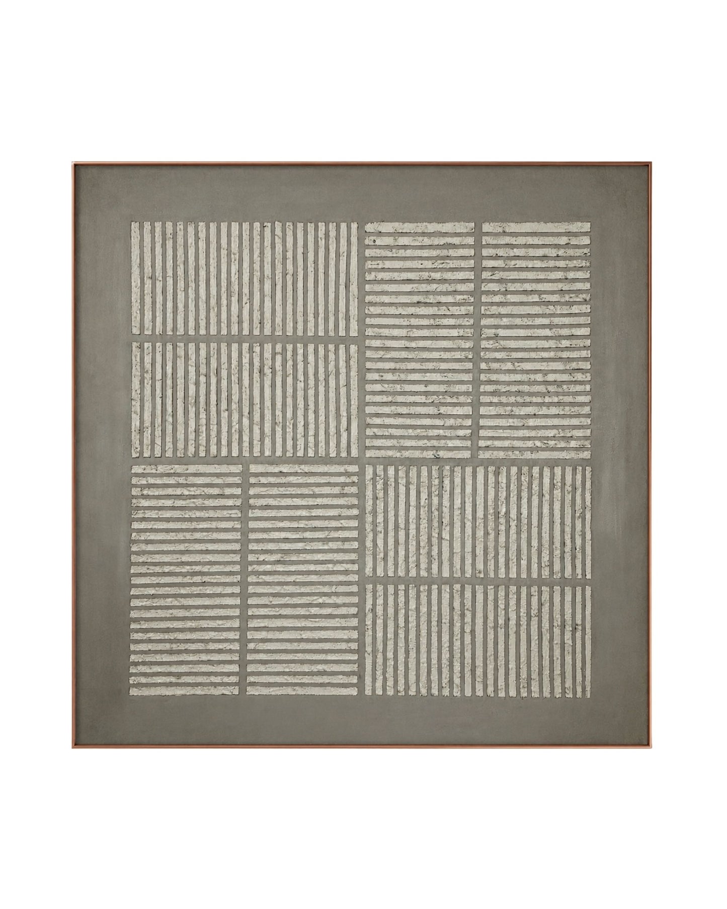 A Japandi style hand-painted square canvas wall art panel featuring a four-quadrant geometric grid of alternating vertical and horizontal textured plaster ridges.