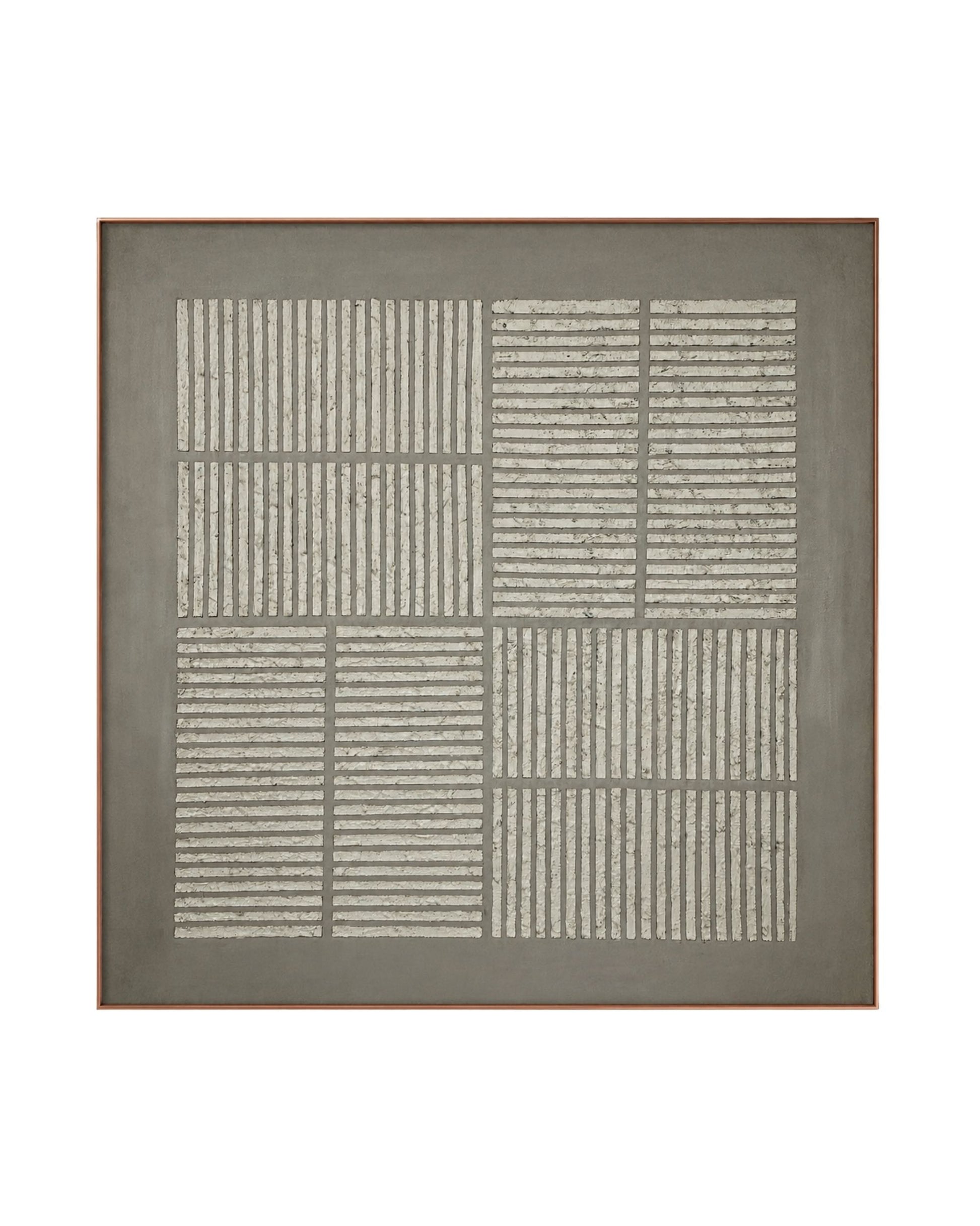 A Japandi style hand-painted square canvas wall art panel featuring a four-quadrant geometric grid of alternating vertical and horizontal textured plaster ridges.