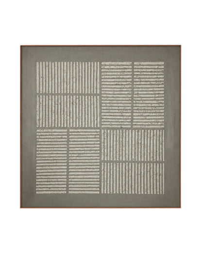 A Japandi style hand-painted square canvas wall art panel featuring a four-quadrant geometric grid of alternating vertical and horizontal textured plaster ridges.