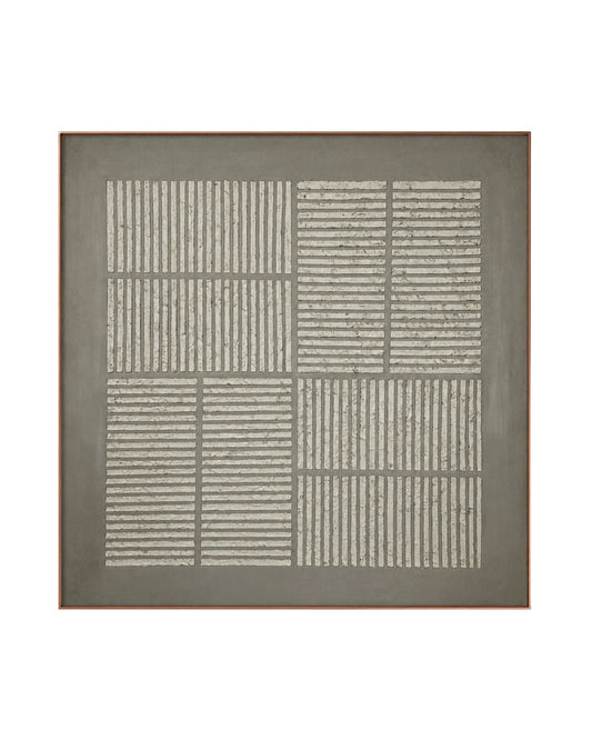 A Japandi style hand-painted square canvas wall art panel featuring a four-quadrant geometric grid of alternating vertical and horizontal textured plaster ridges.