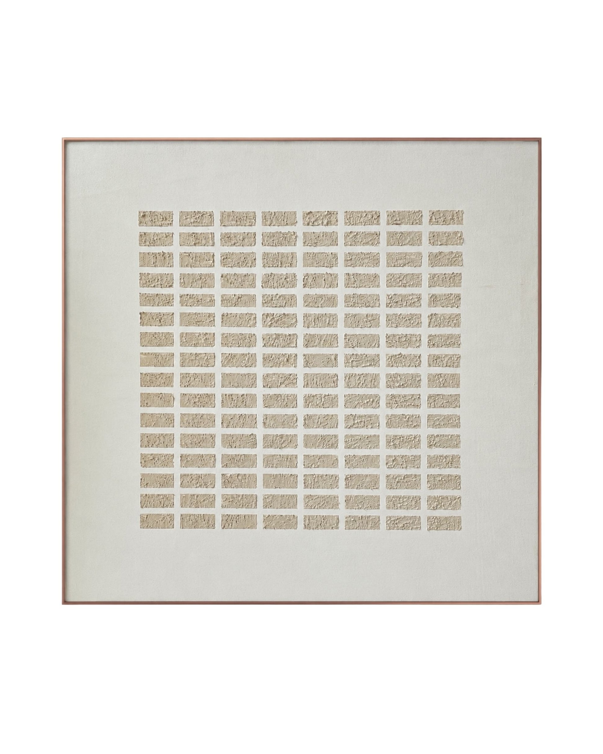 A Japandi style hand-painted square canvas wall art panel featuring a structured layout of small, repetitive horizontal plaster blocks organized in a large grid pattern on a smooth off-white background.