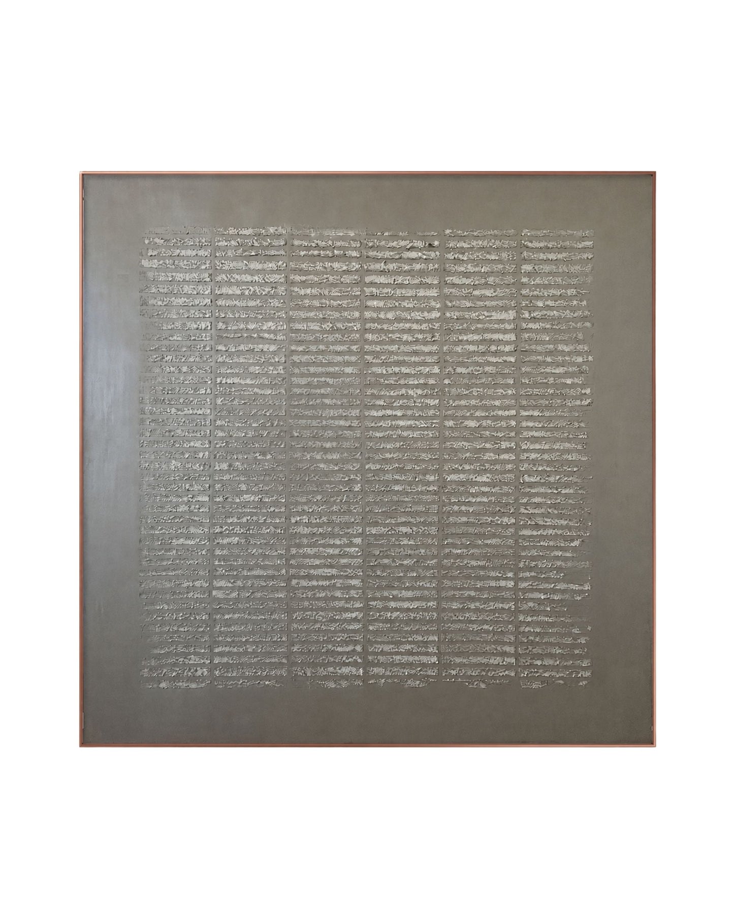 A Japandi style hand-painted square canvas wall art panel depicting a structured layout of repetitive horizontal textured plaster ridges organized into clean vertical columns on a smooth dark warm-grey background for minimalist organic decor.