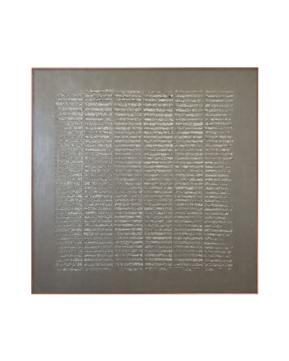 A Japandi style hand-painted square canvas wall art panel depicting a structured layout of repetitive horizontal textured plaster ridges organized into clean vertical columns on a smooth dark warm-grey background for minimalist organic decor.