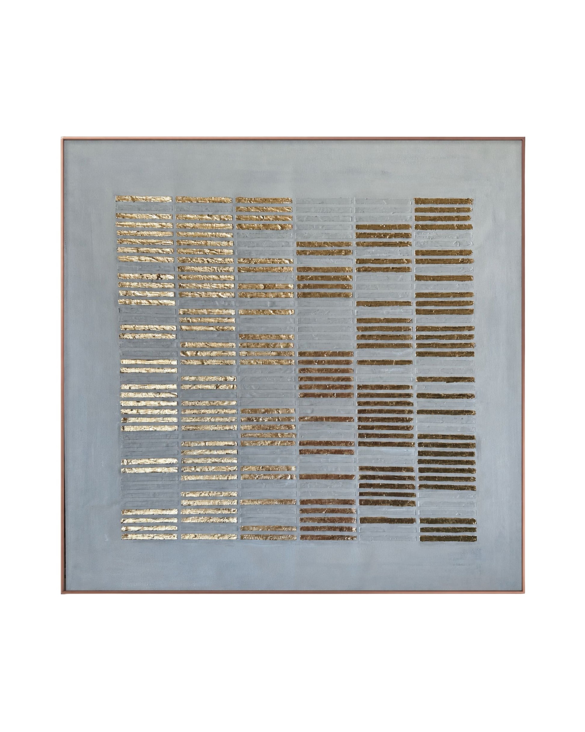 A Japandi style hand-painted square canvas wall art panel featuring a structured multi-column grid of horizontal textured plaster ridges highlighted in metallic gold, bronze, and grey tones on a smooth cool-grey background.