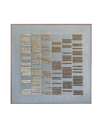A Japandi style hand-painted square canvas wall art panel featuring a structured multi-column grid of horizontal textured plaster ridges highlighted in metallic gold, bronze, and grey tones on a smooth cool-grey background.