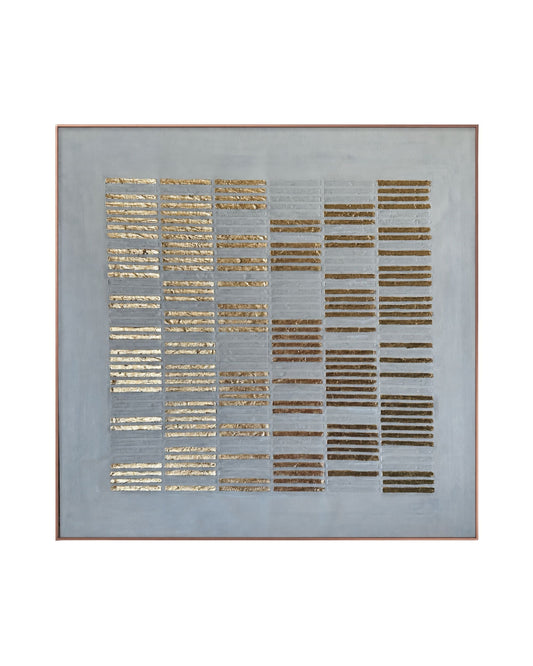 A Japandi style hand-painted square canvas wall art panel featuring a structured multi-column grid of horizontal textured plaster ridges highlighted in metallic gold, bronze, and grey tones on a smooth cool-grey background.