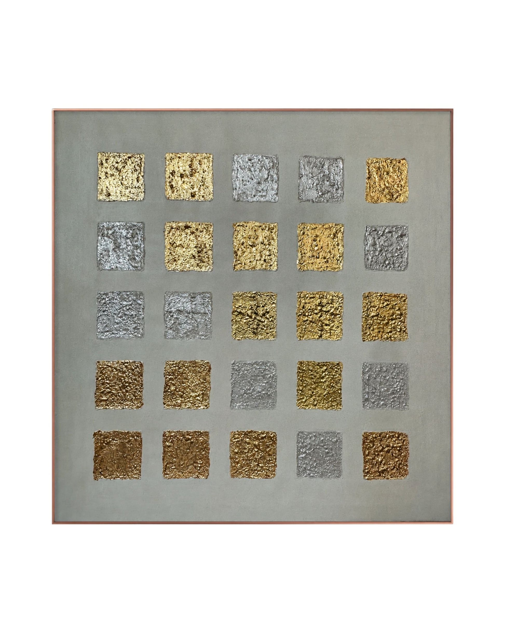 A Japandi style hand-painted square canvas wall art panel featuring a symmetrical five-by-five grid of heavily textured square plaster blocks finished in metallic gold and pearl white tones on a smooth white with grey undertone background.
