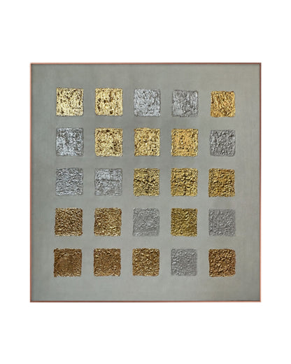 A Japandi style hand-painted square canvas wall art panel featuring a symmetrical five-by-five grid of heavily textured square plaster blocks finished in metallic gold and pearl white tones on a smooth white with grey undertone background.