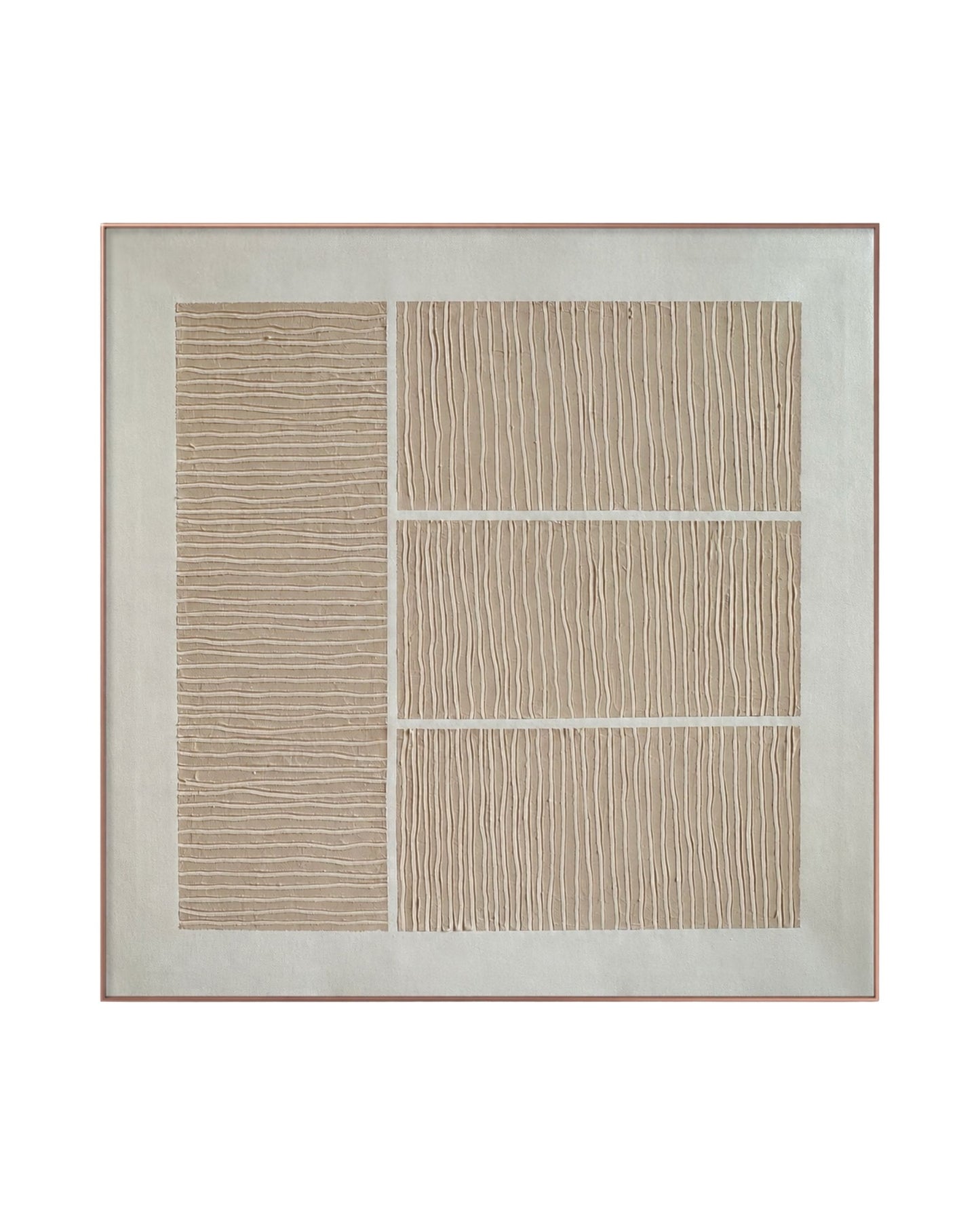 A Japandi style hand-painted square canvas wall art panel featuring an asymmetrical layout of one vertical block with horizontal plaster ridges alongside three stacked blocks with vertical plaster ridges on a smooth off-white background.