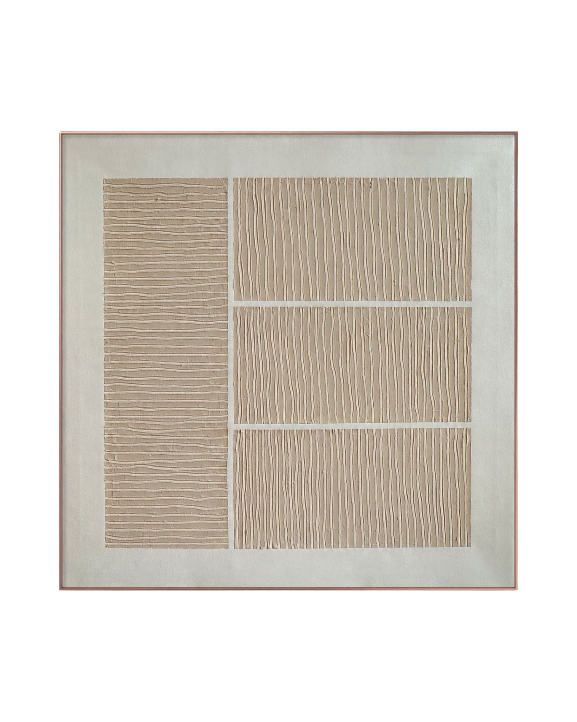 A Japandi style hand-painted square canvas wall art panel featuring an asymmetrical layout of one vertical block with horizontal plaster ridges alongside three stacked blocks with vertical plaster ridges on a smooth off-white background.