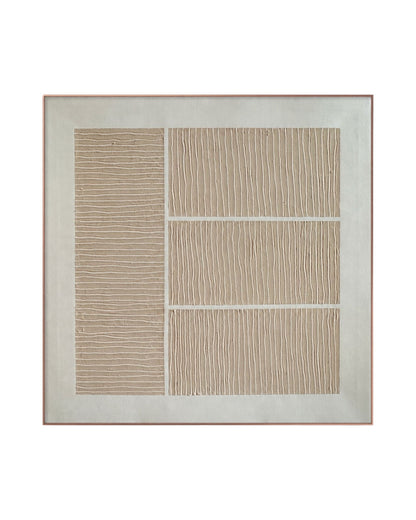 A Japandi style hand-painted square canvas wall art panel featuring an asymmetrical layout of one vertical block with horizontal plaster ridges alongside three stacked blocks with vertical plaster ridges on a smooth off-white background.