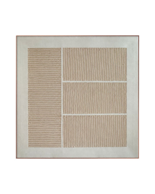 A Japandi style hand-painted square canvas wall art panel featuring an asymmetrical layout of one vertical block with horizontal plaster ridges alongside three stacked blocks with vertical plaster ridges on a smooth off-white background.
