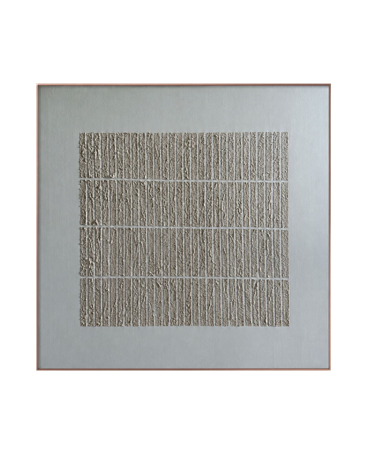  A Japandi style hand-painted square canvas wall art panel featuring a structured grid layout of four horizontal rows filled with densely textured vertical plaster ridges on a smooth white with grey undertone background.