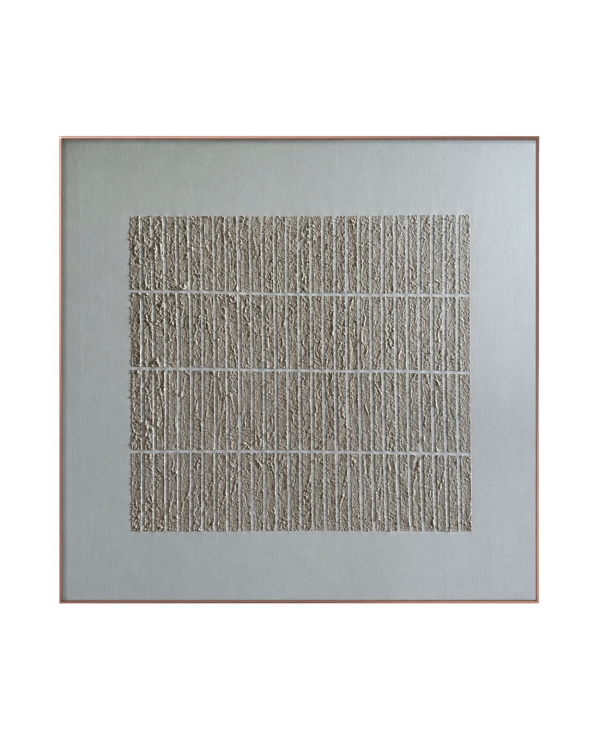  A Japandi style hand-painted square canvas wall art panel featuring a structured grid layout of four horizontal rows filled with densely textured vertical plaster ridges on a smooth white with grey undertone background.