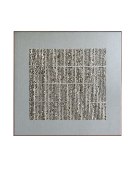  A Japandi style hand-painted square canvas wall art panel featuring a structured grid layout of four horizontal rows filled with densely textured vertical plaster ridges on a smooth white with grey undertone background.