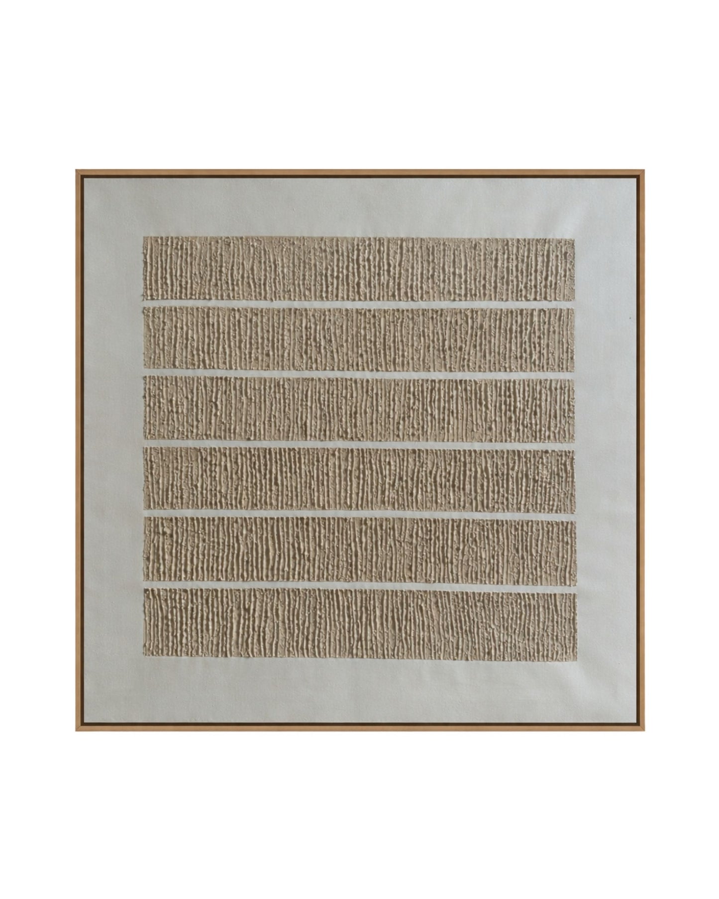 A Japandi style hand-painted square canvas wall art panel featuring six stacked horizontal bands of heavily textured vertical plaster ridges on a smooth off-white background for minimalist organic decor.