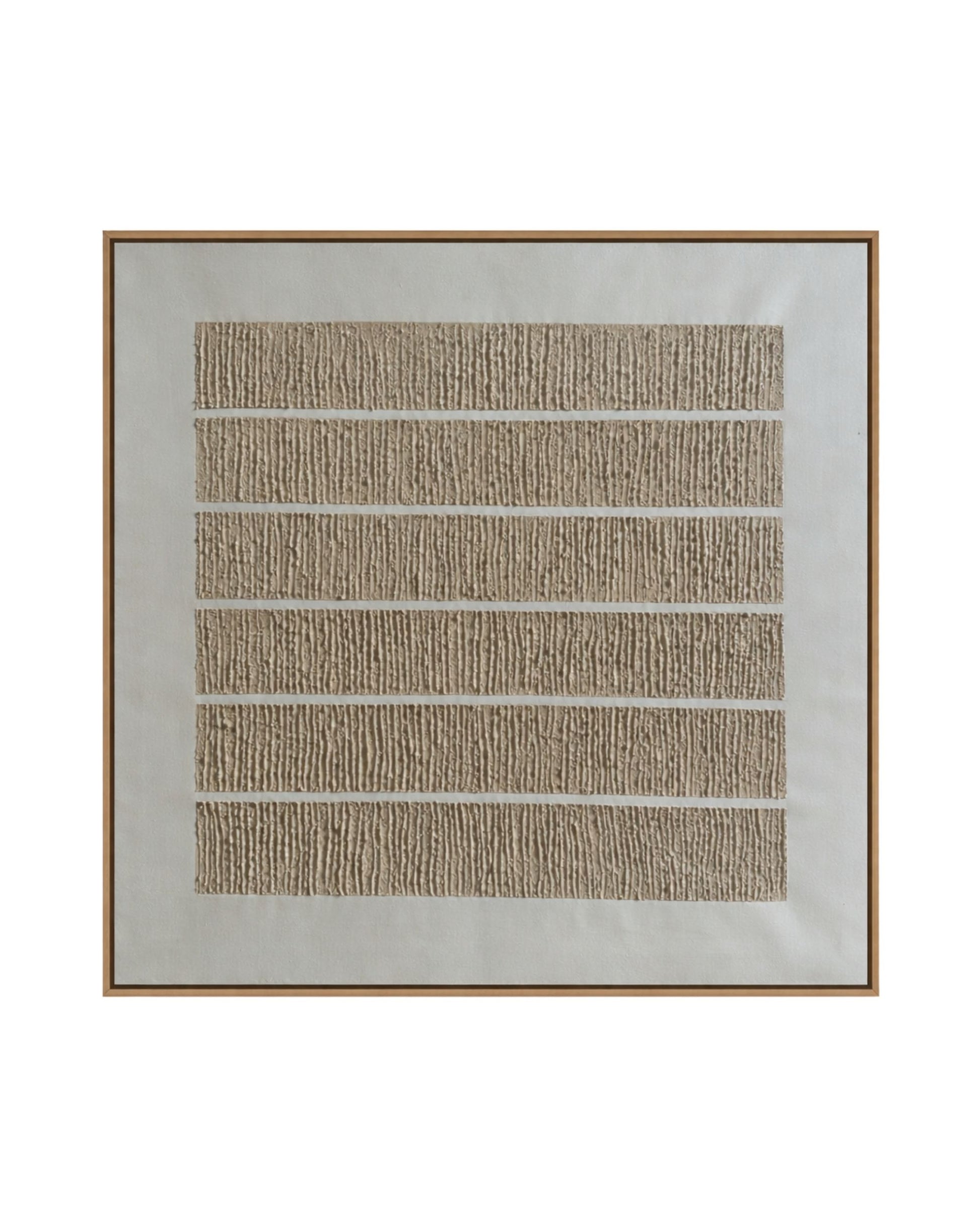 A Japandi style hand-painted square canvas wall art panel featuring six stacked horizontal bands of heavily textured vertical plaster ridges on a smooth off-white background for minimalist organic decor.