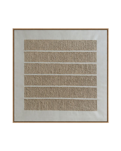 A Japandi style hand-painted square canvas wall art panel featuring six stacked horizontal bands of heavily textured vertical plaster ridges on a smooth off-white background for minimalist organic decor.