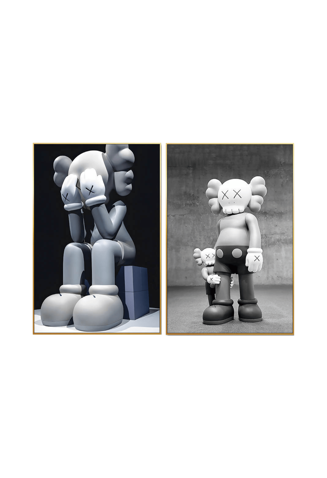 Two 60x90 cm KAWS Companion hypebeast street art canvas print wall art panels depicting a gray vinyl companion figure sitting down and a standing figure for modern living room decor.