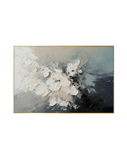 Horizontal canvas print featuring an abstract design with sweeping navy blue, misty grey, and thick white impasto brushstrokes.