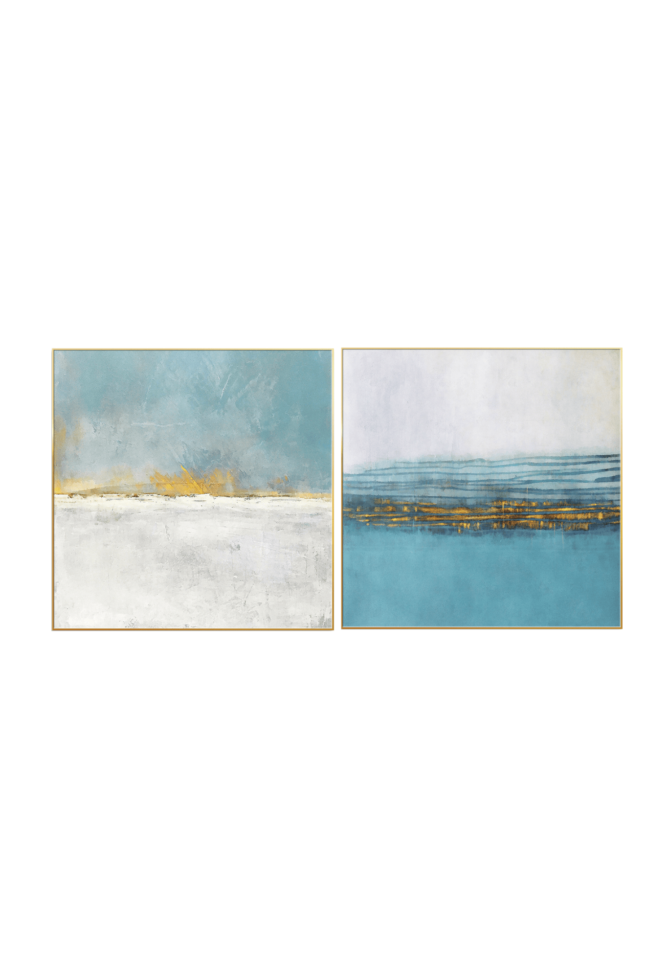 Two 100x100 cm light blue and gold abstract canvas print wall art panels depicting a minimalist coastal horizon, soft grey mist, and horizontal golden bands for modern living room decor.