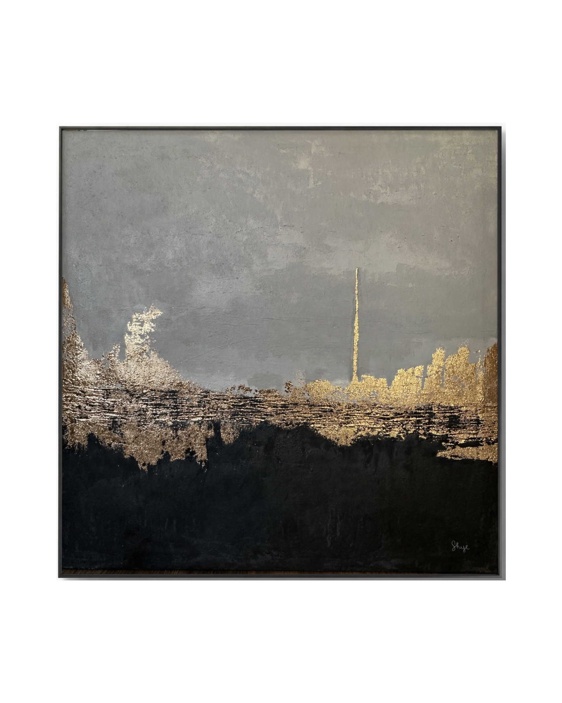 The Line of Light original hand-painted canvas wall art panel by Skye depicting an authentic textured landscape layout with a dark black base, a soft grey upper field, and a jagged horizontal gold foil horizon line with a vertical accent for upscale living room decor.