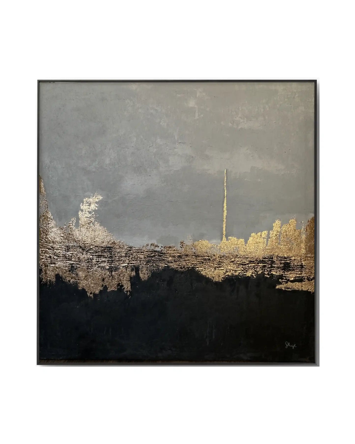 The Line of Light original hand-painted canvas wall art panel by Skye depicting an authentic textured landscape layout with a dark black base, a soft grey upper field, and a jagged horizontal gold foil horizon line with a vertical accent for upscale living room decor.