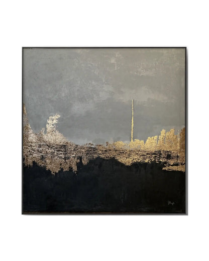 The Line of Light original hand-painted canvas wall art panel by Skye depicting an authentic textured landscape layout with a dark black base, a soft grey upper field, and a jagged horizontal gold foil horizon line with a vertical accent for upscale living room decor.
