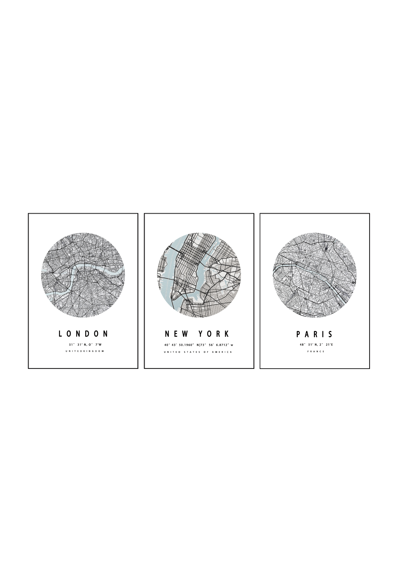Three 50x70 cm London New York Paris city map canvas print wall art panels depicting minimalist circular street maps and geographic coordinates for modern living room decor.